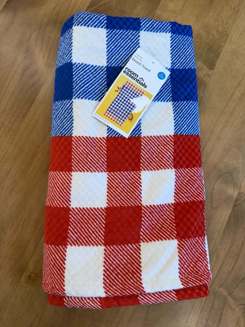 Room Essentials Extra Long Gingham Beach Towel Red and Blue New